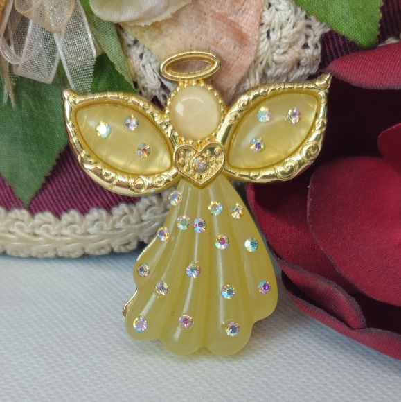 Vintage Kenneth Cole Guardian Angel Brooch Cats Eye & Lucite Aurora Borealis AB - Picture 3 of 8